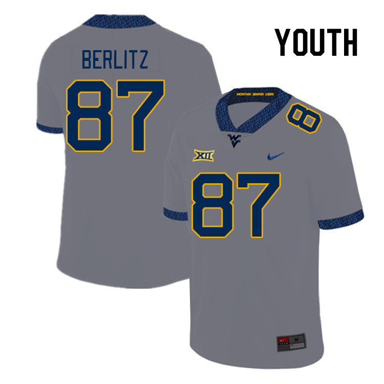 Youth #87 Derek Berlitz West Virginia Mountaineers College Football Jerseys Stitched Sale-Gray